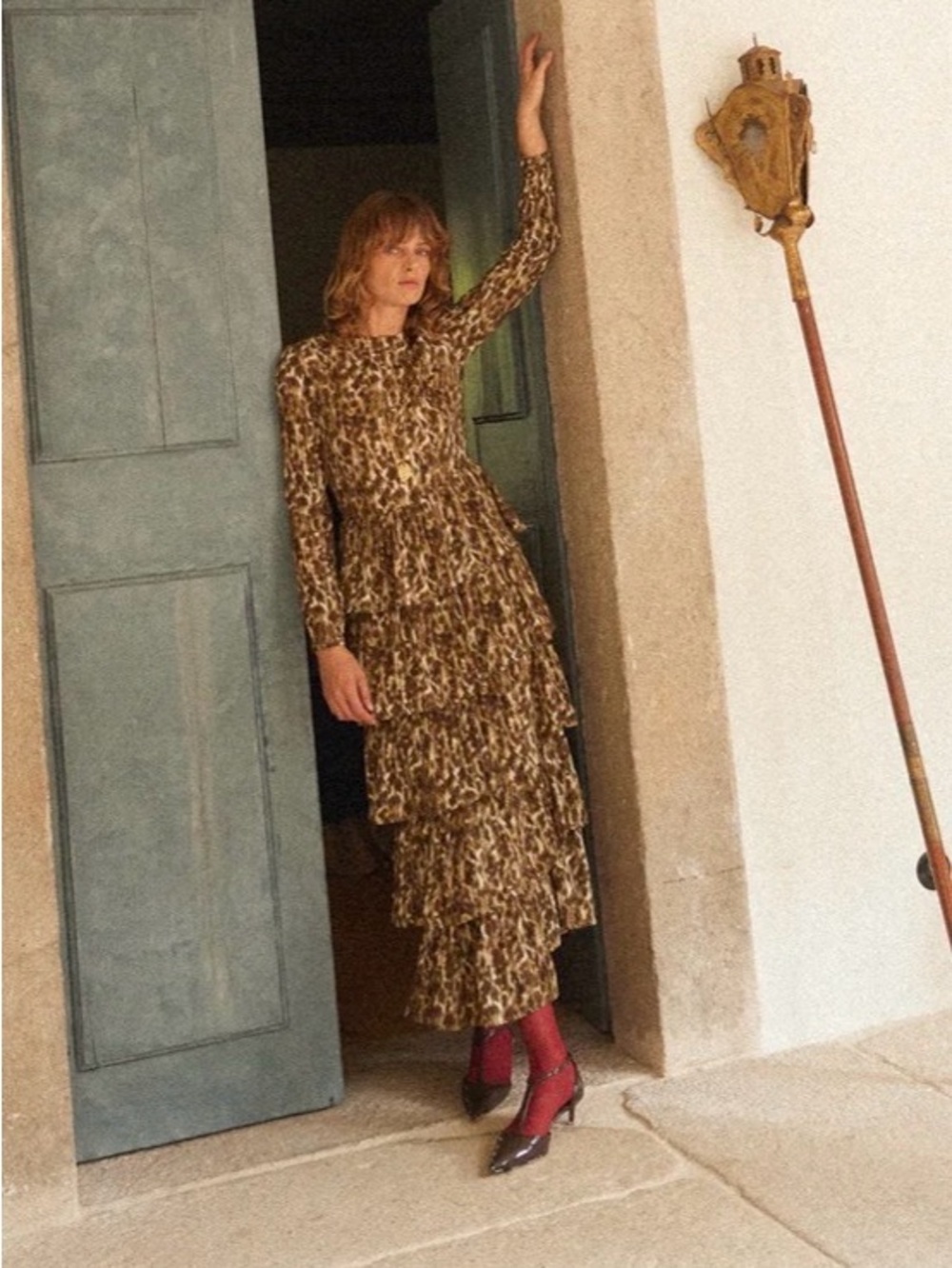 Tiered Long-Sleeve Leopard Print Maxi Dress - Brown
